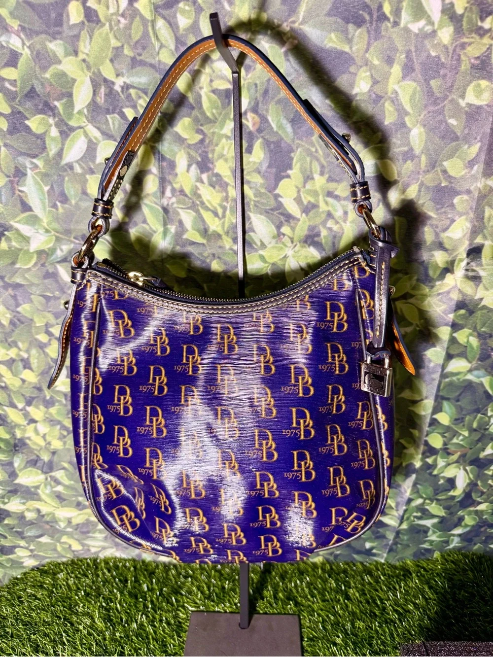 Dooney & Bourke Navy Blue & Gold 1975 Monogram Coated Canvas Hobo Bag
